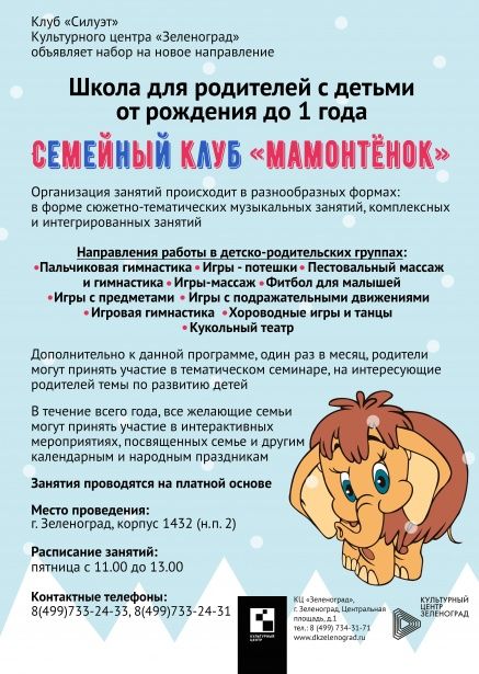 На площадке клуба «Силуэт» КЦ «Зеленоград» в районе Крюково открывается семейная школа «Мамонтенок»
